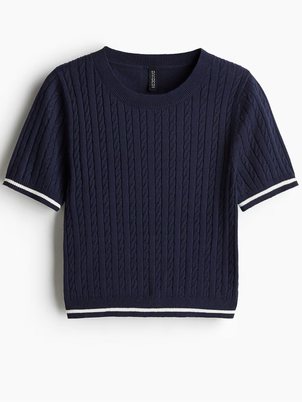 Divided Navy Blue Cable-Knit Short Sleeve Tee with White Trim